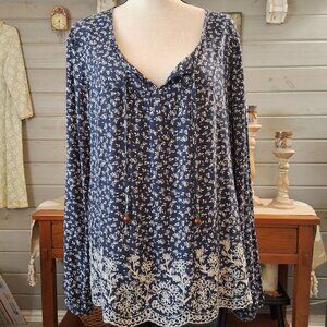 Mason & Belle Navy Blue Long Sleeve Ditsy Floral Top Embroidered Front Hem Sz L